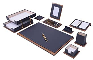Lux Leder Schreibtisch-Organizer-Set, Walnussholz-Kombination – Büro-Schreibtisch-Zubehör – Schreibtischbedarf – Leder-Schreibtisch-Set – Büro-Zubehör – 11-teilig (Gray)