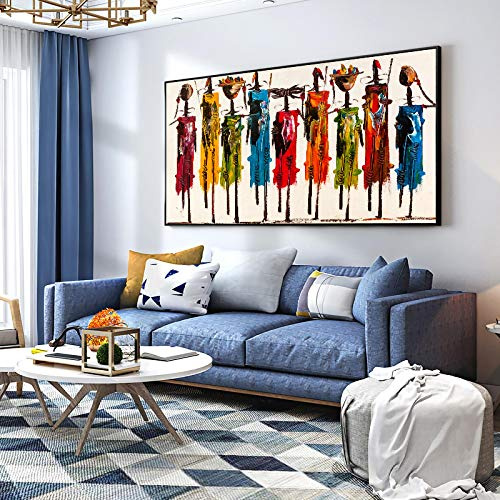 Große schwarz gerahmte moderne Kunst bunte abstrakte Afrika Frau Bilder Leinwand Gemälde Wandkunst für Wohnzimmer Wohnkultur 90 x 195 cm/35 x 77 Zoll schwarzer Rahmen