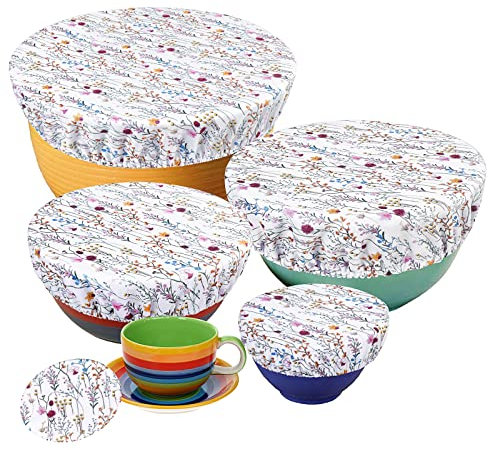 PHOGARY 5 Couvercles de Bol Réutilisables, Couvercles en Tissu Imperméables pour Le Bol à Salade en Verre, Le Pot, Les Melons (Fit 2.7-14 Pouces), la Bordure Élastique (Motif Fleur Séchée)
