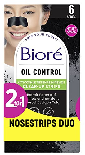 Biore Oil Control Tiefenreinigende Nasen-Clear-Up-Strips - Lieferumfang: 2 x 6 Nasenstreifen - Mitesserentferner - Mit Aktivkohle - Verfeinern das Hautbild sichtbar