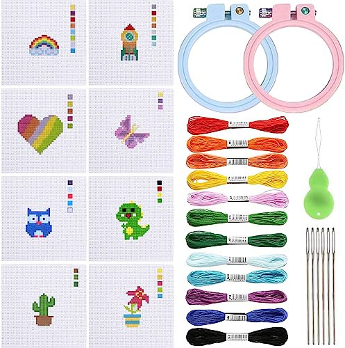 BDSHUNBF 8 Stück Stickerei Set, Kinder Kreuzstich Set für Anfänger, Cross Stitch Embroidery Kit mit Muster Stickrahmen, für DIY Kunst, Handwerk, Nähen