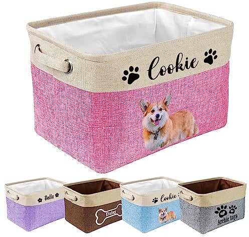 XRLSG Personalised Dog Toy Storage Basket Bin Collapsible with Pet's Name - Rectangular Custom Storage Box Chest Organizer for Dog Toys, Dog Coats, Clothing, Blankets