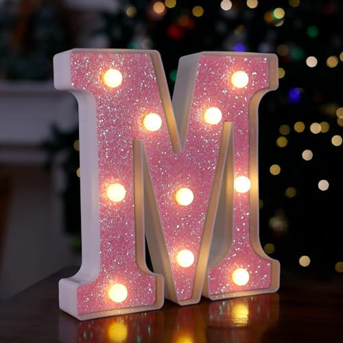 TRONSBOO LED Letter Lights Pink Glitter Marquee Letters Light Up Alphabet Letters Sign Battery Powered for Home Party Decoration Night Bar Wedding Birthday Christmas Lamp Girls Gift - Letter M