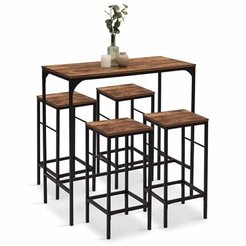 IDMarket - Mesa alta de bar Dayton 100 cm y 4 taburetes, madera oscura, efecto envejecido y negro, diseño industrial