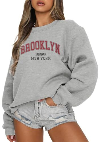 AVOZAL Pullover Damen Sweatshirt Briefdruck Langarmshirt Rundhals Herbst Winter Pulli Frauen Oversized Oberteil Locker Casual Sport Streetwear Tops(L,Grau)