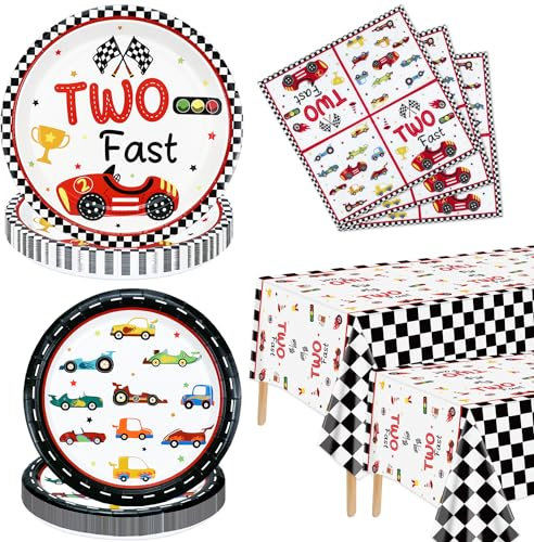 XJLANTTE Lot de 122 décorations de fête d'anniversaire pour 2e anniversaire de voiture de course rapide–Assiettes de voiture de course,serviettes,nappe pour garçons et enfants(ensemble de deux Fas-40)