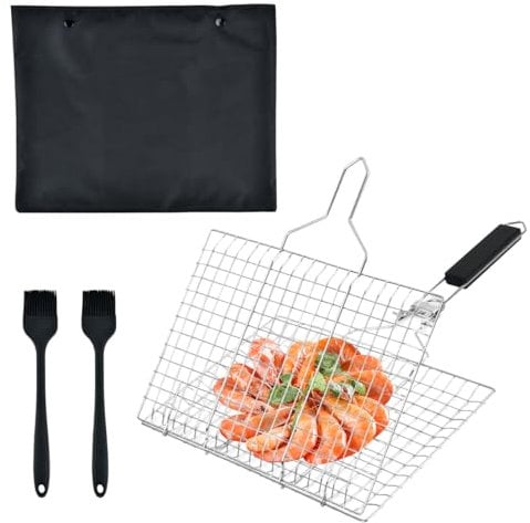 Cestello per Barbecue in Acciaio Inox, Pieghevole,per Grigliare Pesce,Carne,Verdure,con Manico Cestello per Barbecue,Grado Alimentare Griglia Barbecue,Griglia inox per Barbecue,con 2 Spazzole Barbecue