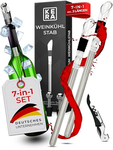 KERA® Wine Cooler, Wine Cooling Stick, Bottle Cooler, 7-in-1, Includes 2 Lengths + 2 Pourers + 2 Bottle Stoppers, Optimal Cooling Effect, Wine Accessories, Wine Cooling Rod, Stainless Steel