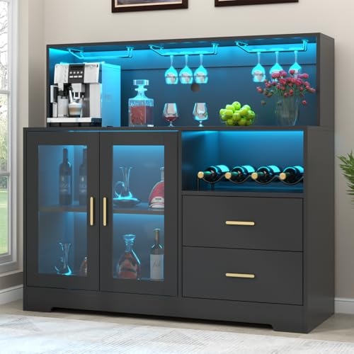 Bar Cabinet for Home with LED Light, Coffee Bar Cabinet with Wine & Glass Rack, Wine Cabinets with Drawers & Microwave Stand, Modern Liquor Cabinets for Kitchen, Living Room, Dining Room (Black)