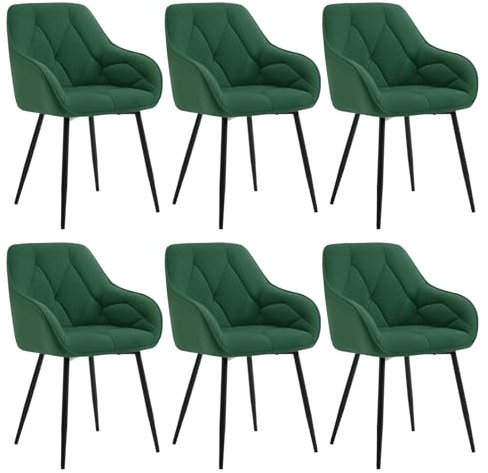 WOLTU 6er Set Esszimmerstühle, Küchenstuhl, Stuhl Esszimmer Wohnzimmer, ergonomischer Sessel, Armlehnstuhl, Polsterstuhl, Sitzfläche aus Samt, Metallbeine, Dunkelgrün, EZS02dgn-6