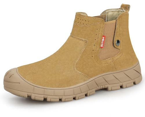 GLANOUDUN Welding Work Boots for Men High top Steel Toe Boots Indestructible Men's Steel Toe Shoes Slip on Construction Shoes Laceless Safety Welder Footwear Brown,6.5