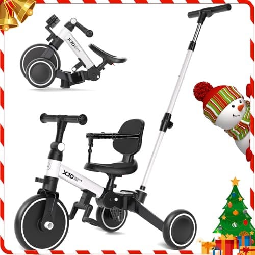 XJD 5 in 1 Dreirad, Laufrad ab 1 Jahr mit Schubstange für Kinder ab 1-4 Jahre, Laufräder Laufrad mit Abnehmbaren Pedale und Verstellbarer Sitz, Kinderdreirad, Baby Fahrrad (Weiß)