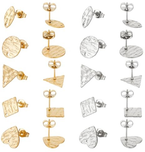 UNICRAFTALE 20 Stück 2 Farben Edelstahl Ohrstecker Runde Herz Rhombus Dreieck Ohrstecker Für Die Schmuckherstellung Strukturierte Ohrringpfosten Mit Ohrrückseite Für Die DIY Ohrringherstellung