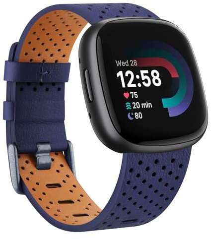 Wanme Armband für Fitbit Versa 4 Armband/Fitbit Sense 2 Armband für Damen Herren, Weich Leder Armbänder, Wasserdichtes Sport Ersatzarmband für Fitbit Versa 4 / Sense 2 Uhrenarmband, Groß Dunkelblau