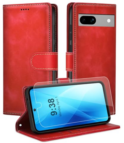 Noyabox Handyhülle für Google Pixel 7A [Exklusive Textur] Klapphülle：1*Schutzfolie & 3*Kartenfach, Standfunktion Klappbar Stoßfeste Lederhülle Hülle Flip Case, Rot