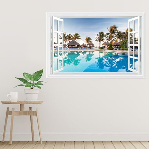 astylishome Wall Stickers Living Room Window Sticker Mural Decal of Beach Coconut Tree View Scenery Sunshine for Kids Baby Nursery Bedroom Bathroom Wallpaper Waterproof 1604