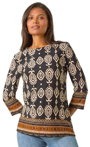 Roman Originals Ikat Border Hem Stretch Top for Women UK - Ladies Everyday Autumn Winter Round Neckline Comfy Soft Evening Vacation Work Party Night Out - Brown - Size 14