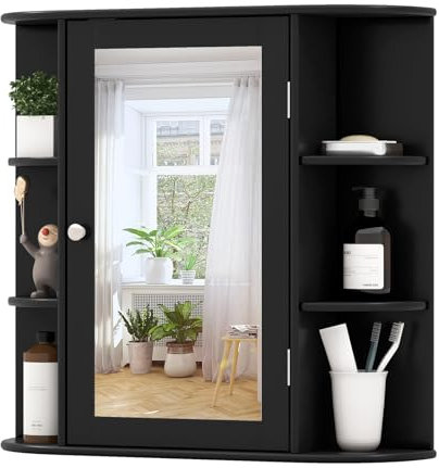 CASART Bathroom Mirror Cabinet, Wall Mounted Storage Cupboard with Single Door and Adjustable Shelves, Wooden Medicine Cabinet Display Organizer Unit for Bathroom Kitchen Living Room (Black)