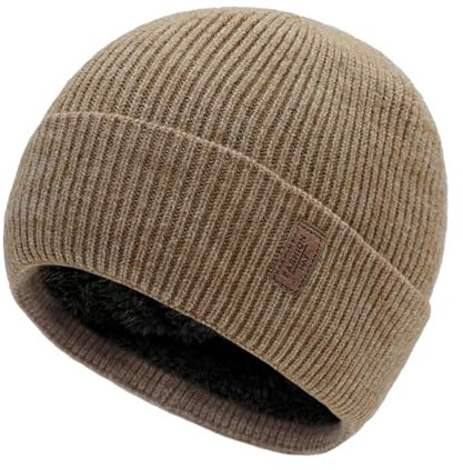 JFAN Beanie Mütze Herren Winter Unisex Wintermütze Strickmütze mit Dickem Warmem Futter Dehnbare Weiche klassisches Wollmütze Warme Fleece Laufmütze Beanie Damen für Winter & Herbst,Khaki