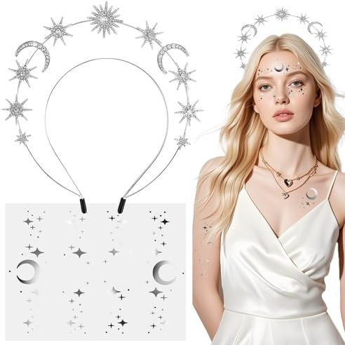 BOFUNX Haarreif mit Stern Mond Strass Haarband doppelschichtig Glitzer Stirnband + Sterne Mond Tattoos Metallic Gesicht Körper Sticker für Fasching Karneval Musikfestival Party