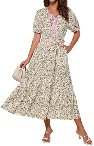 GRACE KARIN Women Summer Midi Floral Dress Short Sleeve V Neck Beach Dress Sun Dresses Green Pink Flower L