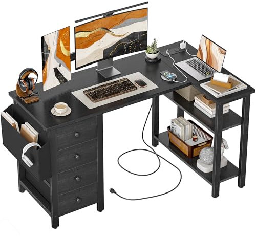 BEXEVUE Small L Shaped Desk with 4 Drawers and Power Strips, 120cm Comuputer Desk with Fabric Storage Drawers, Reversible Home Office Writing Desk for Small Spaces, Black
