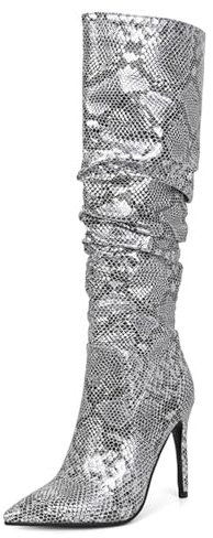 LIUHD Stivali Alti sopra Il Ginocchio da Donna, Stivali Alti con Tacco a Spillo e Punta Affilata, Stivali Larghi, Stivali Invernali da Infilare,Silver,35