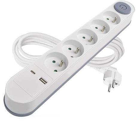EMOS - Multiprise 5 Prises avec Charge USB et 3m de câble 1,5 mm2 - Multiprise avec Interrupteur 5X Prise, 1x USB C, 1x USB A - Convient au Montage Mural - IP20 pour l'intérieur - Blanc