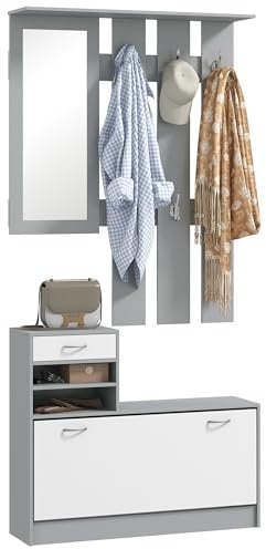 HOMCOM Hallway Furniture Set with Shoe Storage Cabinet and 6 Hooks Coat Rack, Hallway Storage Unit with Mirror, Drawer and Adjustable Shelf, Dark Grey