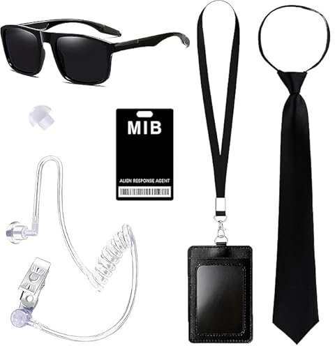 FUKPO Security Men in Black Mib Agent Accessories Kostüm Zubehör Set, Geheimagent Agenten Bodyguard Geheimdienst Spion Kostüm Herren Damen Kinder mit Schwarze Sonnenbrille Headset Ausweis Krawatte