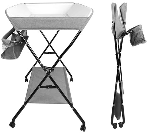 XANNI - Mesa cambiador ajustable en altura con 4 ruedas - Estación cambiador portátil plegable con cesta, tela Oxford, ligera y móvil para cambios, masajes