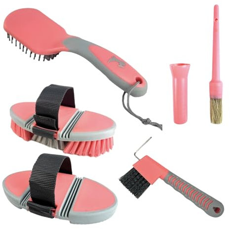 Starter Putzset für Pferde Pferdeputzzeug Pflege Fellpflege Flexible Kardätsche Striegel Massagebürste 2in1 Hufkratzer Mähnenbürste Pferdebürste Hufpinsel (Coral Pink Grau)