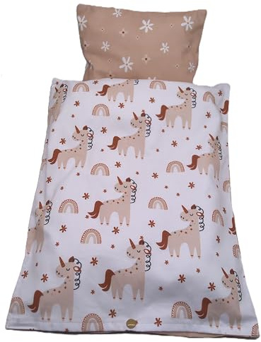 Puppenbettwäsche zwei unterschiedliche Seiten, 4teilige Garnitur, cappuchino, Decke 42 h x 33 b, Kissen 20h x 23 b in cm für Puppenwagen,-bett oder Puppenbuggy (Schlicht)