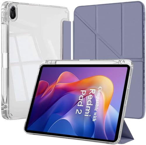 EspZanthic Funda para Xiaomi Redmi Pad 2 11 Pulgadas 2025 con Portalápiz, 6 en 1 Múltiples Ángulos de Visión Soporte en Forma de Y, Tapa Trasera Transparente, Lavanda Morado
