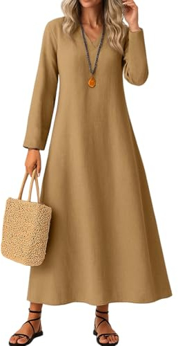 Générique Robe Longue Femme en Coton et Lin Couleur Autumn Casual Boho Col en V à Volants A-Line Manches Longues Robes pour Femmes Automne Vacances