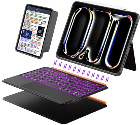 Custodia per iPad Pro da 33 cm con tastiera (M5 2025, M4 2024), custodia flessibile magnetica retroilluminata rimovibile, multi-trackpad più grande, orizzontale/verticale, supporto regolabile a 160°
