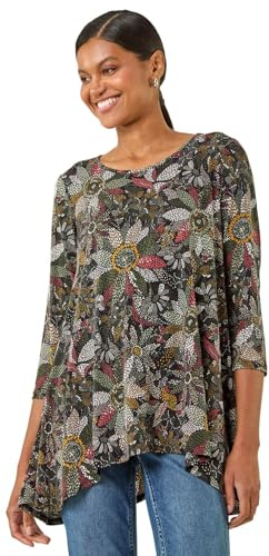 Roman Originals Hanky Hem Tunic Top for Women UK - Ladies Longline Blouse Asymmetric Hemline Casual Slouch Loose 3/4 Sleeves Round Neck Relaxed Comfortable Holiday - Green Floral - Size 20