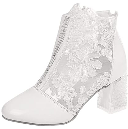 Xbemkste Botines para mujer de caña corta elegantes de encaje con flores de tacón alto de malla con diamantes de imitación para fiesta de noche, zapatos de boda, botas de tobillo elegantes