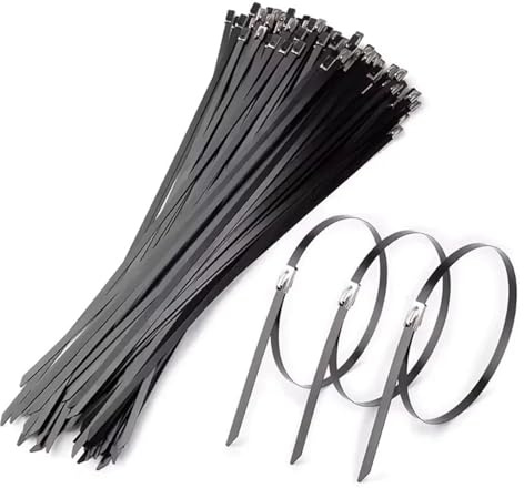 Libération Rapide Lot de 100 colliers serrage en acier inoxydable, attaches autobloquantes métal, noir, robustes, for câbles d'échappement(25x0.46cm)