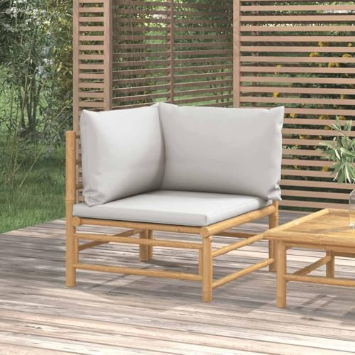 LoogCape Garten-Ecksofa mit Hellgrauen Kissen, Bambus Natur, 69x69x65 cm, Modulares Loungeset für Außenbereich, Terrassenmöbel Robust