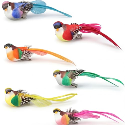 6 Stück Bunte Künstliche Vögel Frühlingsdeko, Feder Vögel Deko mit Clip, lebensechte Vogel Deko, Weihnachtsbaumschmuck Vögel, Halterungsklammer Mini Vogel Figur für Deko Frühling, Ostern, Garten
