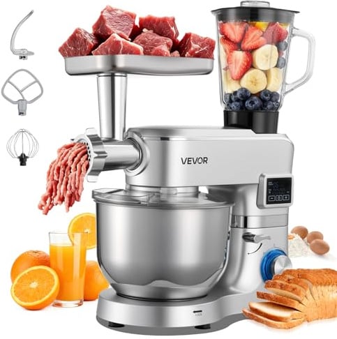 VEVOR Procesador de Alimentos Eléctrico Multifuncional de 1500 W, con Bol de Acero Inoxidable 5,7 L y Bol para Mezclar 1,5 L, 6 Velocidades + P, Gancho para Amasar, Batidor de Varillas y el Plano