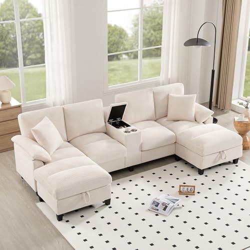 JCFEIDQW Wohnlandschaft U Form, Sofa mit Schlaffunktion, Großer Stauraum, übergroßem Cordstoff & 4 Kissen, Getränkehaltern aus Edelstahl, für Wohnzimmer, Wohnungen, 293x142x93cm (Beige)