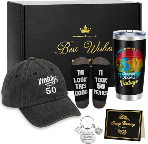 Rilcn 50th Birthday Gifts for Men – Funny & Meaningful Milestone Gift Box with 20oz Insulated Tumbler, Socks, Baseball Cap & Keyring, Ready-to-Gift for Dad, Husband, Grandpa
