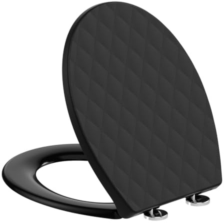 SREWOHS PRO Abattant WC Forme O en PP avec Frein de Chute Double, Motif 3D Effet Cuir, Anti-UV Inaltérable, Cuvette Toilette Quick Release, Fixation Top-Mount avec Vis 7 cm, Gabarit + Vidéo, Noir