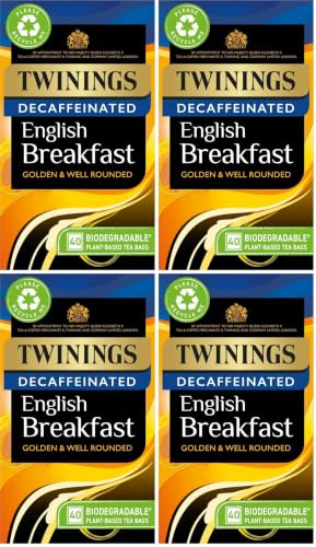 Twinings English Breakfast Decaf Tea | Golden, Well Rounded & Full Bodied Decaffeinated Black Tea | 40 Biodegradable Tea Bags (Pack of 4)