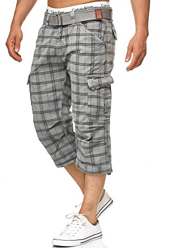 Indicode Herren Nicolas Check 3/4 Cargo-Shorts mit Gürtel aus Baumwolle | Robuste Herrenshorts für Urlaub und Outdoor mit Gürtel, Cargoshorts, Bermudas, Freizeithose, 3/4-Hose, kurze Hose für Männer