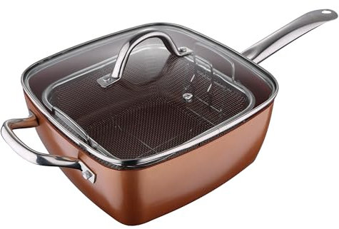 San Ignacio Optimum Copper | Poêle antiadhésive carrée de 24 cm avec panier à frire | 5 fonctions en 1 | En aluminium pressé | Revêtement Multiclad | Tous types de cuisinières