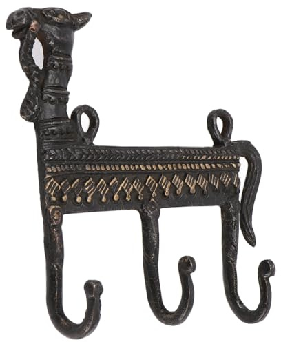GURU SHOP Filigran Verzierter 3`er Messing Wandhaken, Wandgarderobe, Schlüsselhalter, Kleiderhaken - Kamel/Antikbraun, 13x13x3 cm