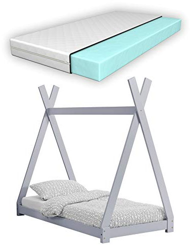 [en.casa] Kinderbett Onejda mit Matratze 80x160cm Hellgrau Tipi Design Kiefernholz Bett Holzbett Hausbett Kaltschaummatratze Öko-Tex Standard 100 Allergikergeeignet Atmungsaktiv